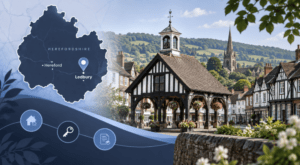 Mortgage Broker in Ledbury hero image featuring a Herefordshire map with a Ledbury location pin, local market town architecture, countryside scenery, house, key and mortgage document icons.
