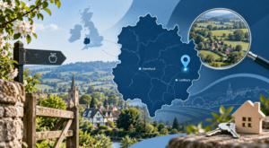 Mortgage Broker in Leddington location map with Herefordshire countryside, property search pin, house and keys