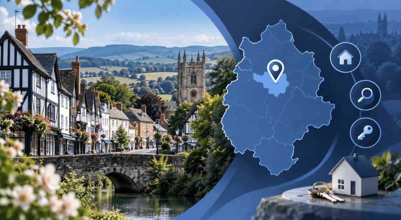 Mortgage Broker in Leominster with Herefordshire map, location pin, historic market town homes and property search icons.