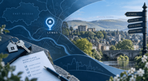 Mortgage Broker in Lewes – East Sussex location map with South Downs, historic Lewes architecture, house, key and mortgage document icons.