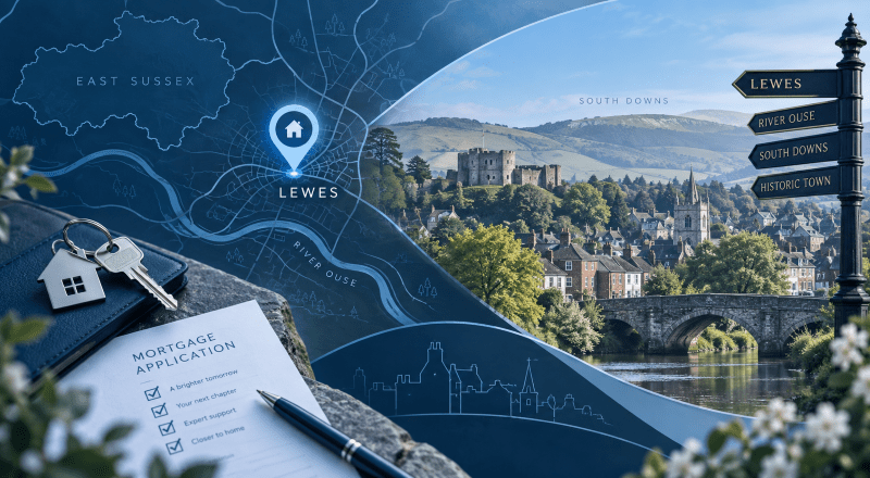 Mortgage Broker in Lewes – East Sussex location map with South Downs, historic Lewes architecture, house, key and mortgage document icons.