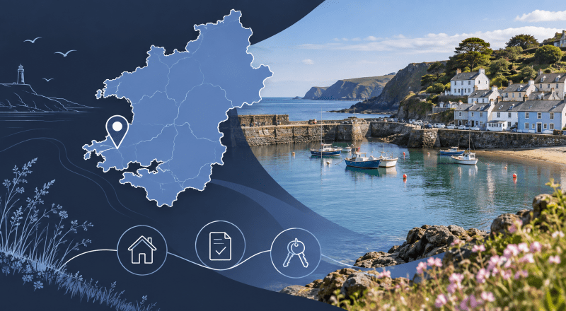 Mortgage Broker in Little Haven with Pembrokeshire map pin, coastal harbour, homes and mortgage icons