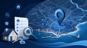 Mortgage Broker in Littlehampton location map with coastal property, house, search and mortgage icons in Connect Experts blue branding.