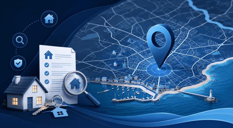Mortgage Broker in Littlehampton location map with coastal property, house, search and mortgage icons in Connect Experts blue branding.
