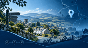 Mortgage Broker in Llanarmon-yn-Iâl location map with rural Welsh village, countryside homes and local property icons.