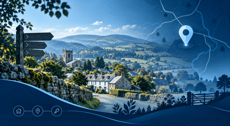Mortgage Broker in Llanarmon-yn-Iâl location map with rural Welsh village, countryside homes and local property icons.