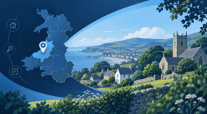 Mortgage Broker in Llanbadarn Fawr map illustration with Ceredigion location pin, Welsh homes, countryside and local architectural features.