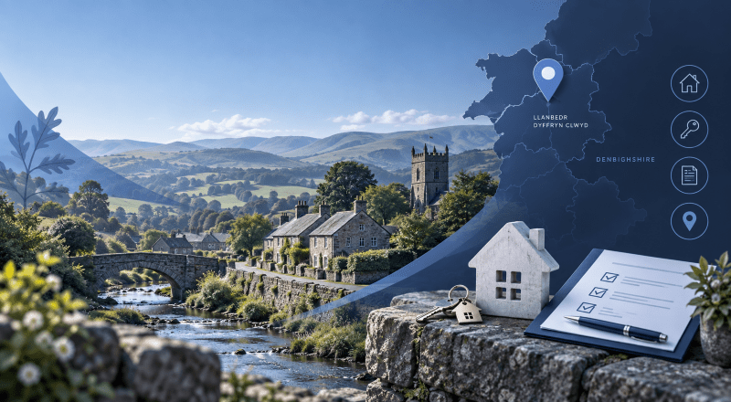 Mortgage Broker in Llanbedr Dyffryn Clwyd hero image featuring a Welsh countryside village, rolling hills, stone homes, location map pin, house key and mortgage document icons in blue branding.