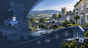 Mortgage Broker in Llandovery location map with Carmarthenshire countryside, traditional Welsh homes and property icons.