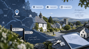 Mortgage Broker in Llandrillo location map with Welsh village homes, property search icons and mortgage guidance imagery.