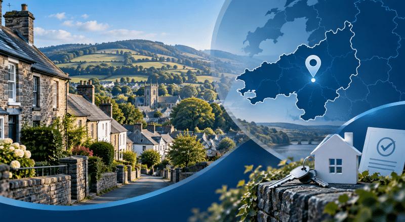 Mortgage Broker in Llandybie location map with Carmarthenshire countryside, residential homes, house keys and mortgage approval icons.