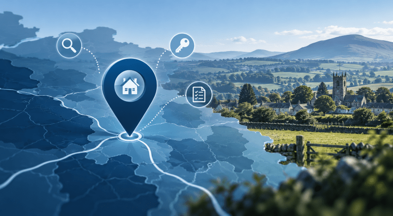 Mortgage Broker in Llandyrnog location map with home, key and mortgage search icons over a North Wales countryside setting.