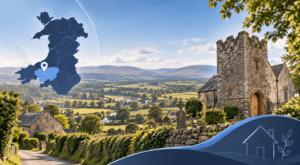 Mortgage Broker in Llanegwad location map with Carmarthenshire countryside, traditional stone homes and rural Welsh landscape.