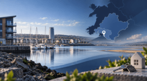 Mortgage Broker in Llanelli hero image featuring a coastal Llanelli setting, location map pin, residential property icon and house keys.