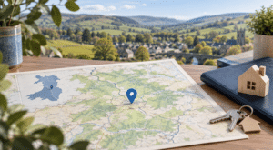 Mortgage Broker in Llanfair Caereinion location map with home and key symbols in Powys, Wales.