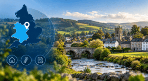 Mortgage Broker in Llanfyllin, Powys, with a location map, property icons and rural Welsh countryside.