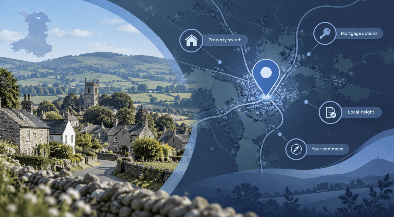 : Mortgage Broker in Llangynhafal location map with Welsh countryside, village homes and mortgage guidance icons.