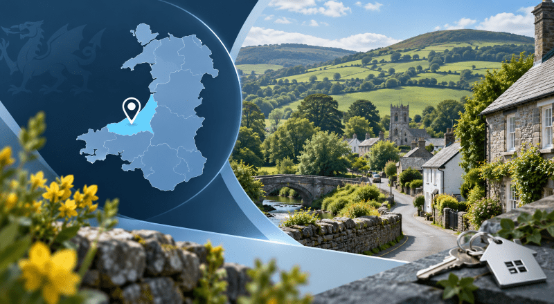 Mortgage Broker in Llanilar with Ceredigion map, location pin, Welsh countryside and rural homes