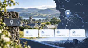 Mortgage Broker in Llanynys location map with rural Denbighshire village scenery and mortgage advice icons.