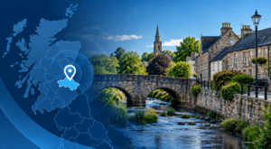 Mortgage Broker in Loanhead location map highlighting Midlothian with a traditional Scottish streetscape and stone bridge.