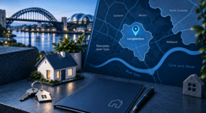 Mortgage Broker in Longbenton – location map of Longbenton in Tyne and Wear with property, house key and home-buying imagery