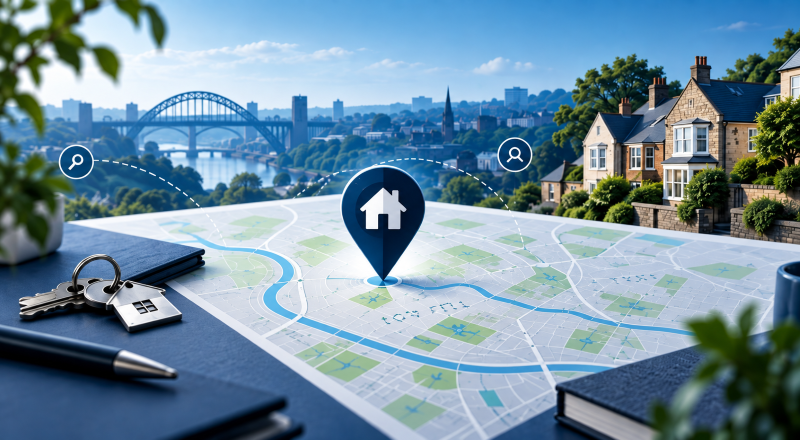 Mortgage Broker in Low Fell – location map with home pin, property search icons and Tyne and Wear skyline.
