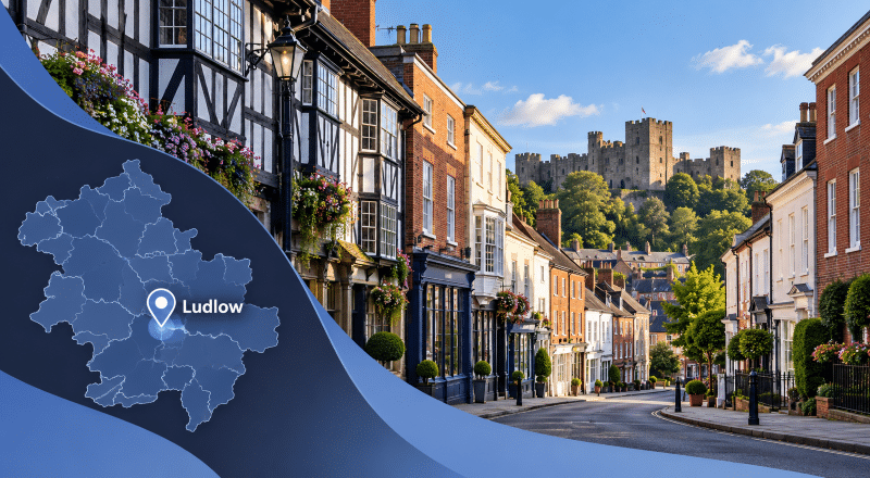 Mortgage Broker in Ludlow hero image featuring a Ludlow location map, historic town streets and Ludlow Castle in Shropshire.
