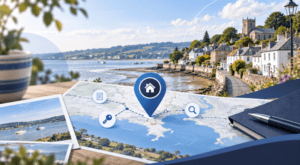 Mortgage Broker in Lympstone location map with home, key and property search icons overlooking the Devon estuary.