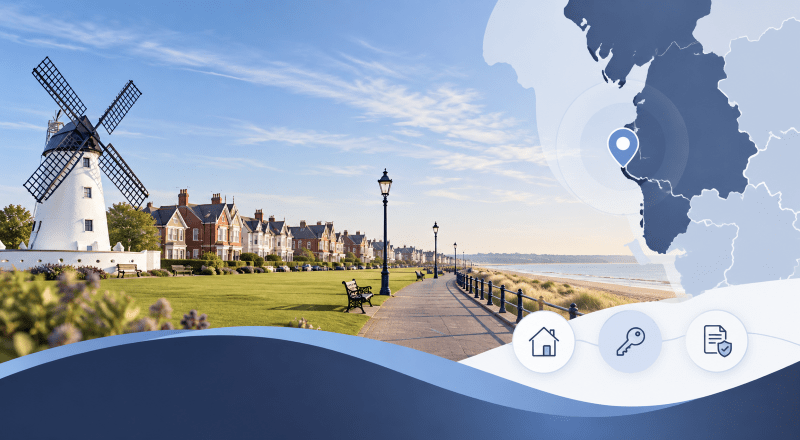 : Mortgage Broker in Lytham St Annes with coastal promenade, windmill and Lancashire location map.