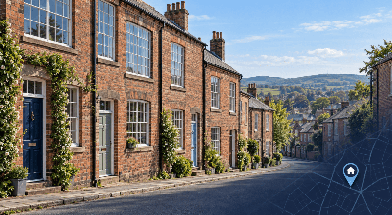 Mortgage Broker in Macclesfield, illustrated by traditional brick homes, distant green hills and a blue location pin.