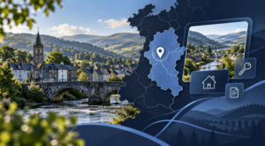 Mortgage Broker in Machynlleth hero image showing a scenic Powys townscape with river bridge, rolling hills, and a location map with home search icons.