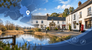 Mortgage Broker in Magor location map with Monmouthshire village scenery, home and key icons.