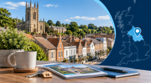 Mortgage Broker in Malton, North Yorkshire, with local town architecture, property details and a location map marker.