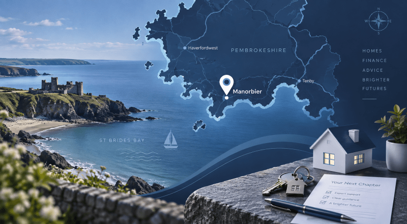 Mortgage Broker in Manorbier with Pembrokeshire coastal map, location pin, house model and home-buying icons.