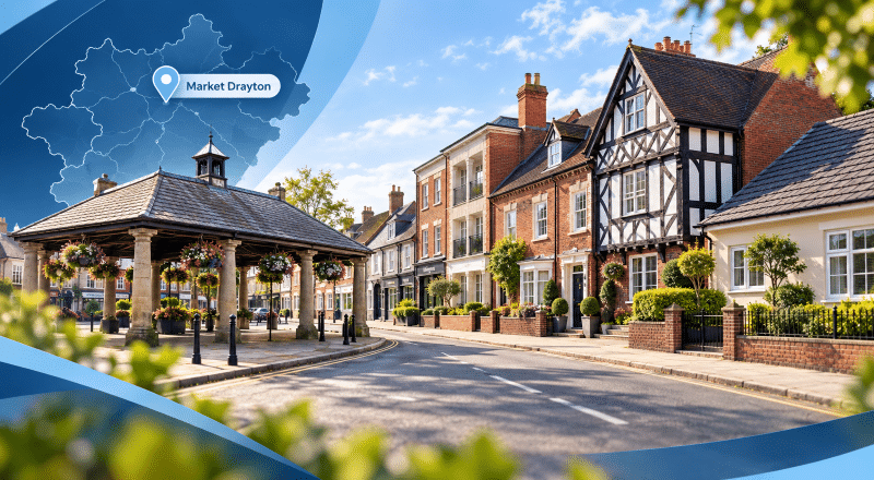 Mortgage Broker in Market Drayton hero image showing a Market Drayton street scene with varied homes, the Buttercross landmark, a location pin and a map of the area in Connect brand colours.