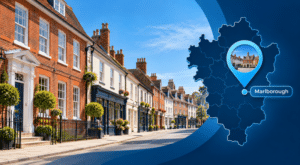 Mortgage Broker in Marlborough hero image with Wiltshire map, location pin and Marlborough streetscape