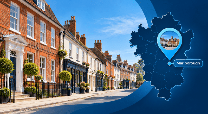 Mortgage Broker in Marlborough hero image with Wiltshire map, location pin and Marlborough streetscape