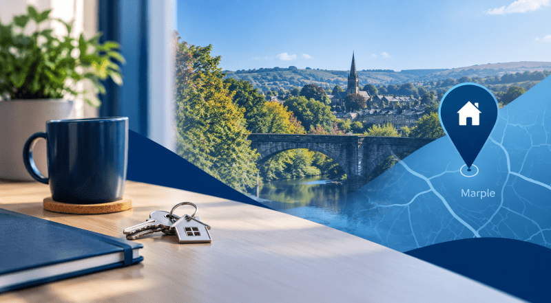: Mortgage Broker in Marple hero image featuring a local map pin, house keys and a scenic Greater Manchester setting.