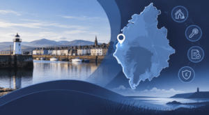Mortgage Broker in Maryport, Cumbria, with coastal harbour imagery, a Cumbria map and location pin