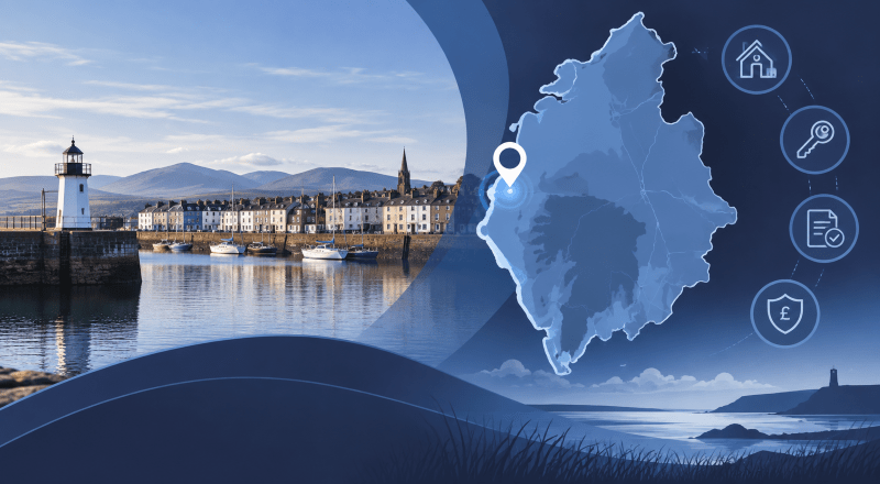 Mortgage Broker in Maryport, Cumbria, with coastal harbour imagery, a Cumbria map and location pin