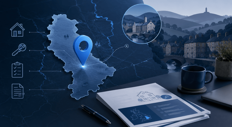 Mortgage Broker in Matlock location map with property, key and mortgage document icons in Connect Experts blue branding.