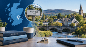 Mortgage Broker in Mayfield EH22, Midlothian, with a location map, house keys and local property imagery.