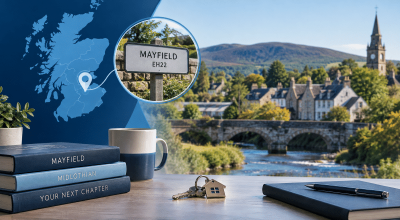 Mortgage Broker in Mayfield EH22, Midlothian, with a location map, house keys and local property imagery.