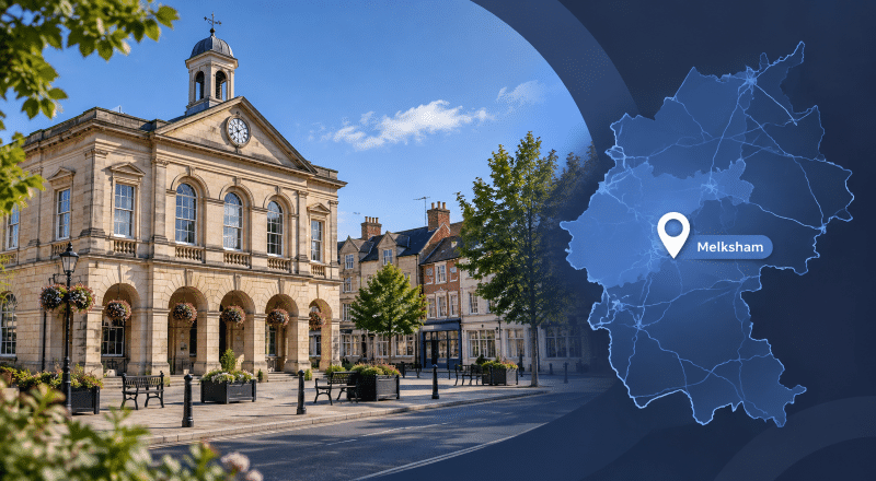Mortgage Broker in Melksham hero image featuring a Wiltshire town scene, local map and Melksham location pin.