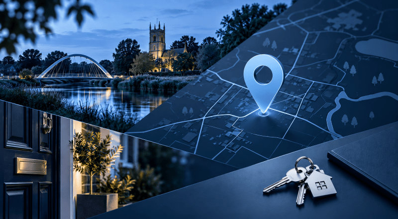 Mortgage Broker in Milton – Cambridgeshire location map with property keys, home entrance and local area imagery