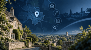 Mortgage Broker in Minchinhampton – location map with Cotswold stone homes, countryside and property icons.