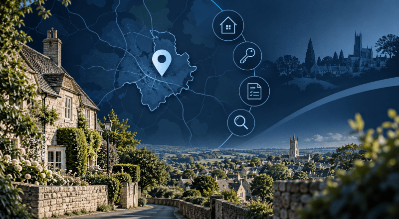 Mortgage Broker in Minchinhampton – location map with Cotswold stone homes, countryside and property icons.
