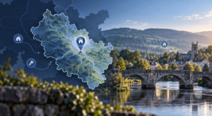 Mortgage Broker in Monmouth hero image showing a stylised Monmouthshire location map with property icons, the River Wye, historic bridge and Monmouth townscape in branded blue tones.