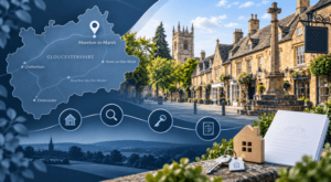 Mortgage Broker in Moreton-in-Marsh – Gloucestershire location map with Cotswold stone buildings, property icons, house keys and mortgage paperwork.