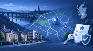 Mortgage Broker in Motherwell location map with residential property, map pin, key and mortgage document icons.